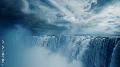 Dramatic shot of waterfall with stormy clouds and weather