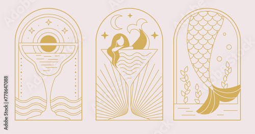 Set of modern line art summer icons with mermaid and cocktail. Set of summer posters. Vector illustration
