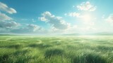 Serene Green Meadow under Bright Sky with Clouds
