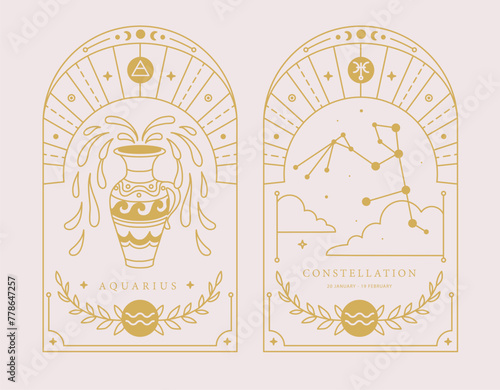 Set of Modern magic witchcraft cards with astrology Aquarius zodiac sign characteristic. Vector illustration