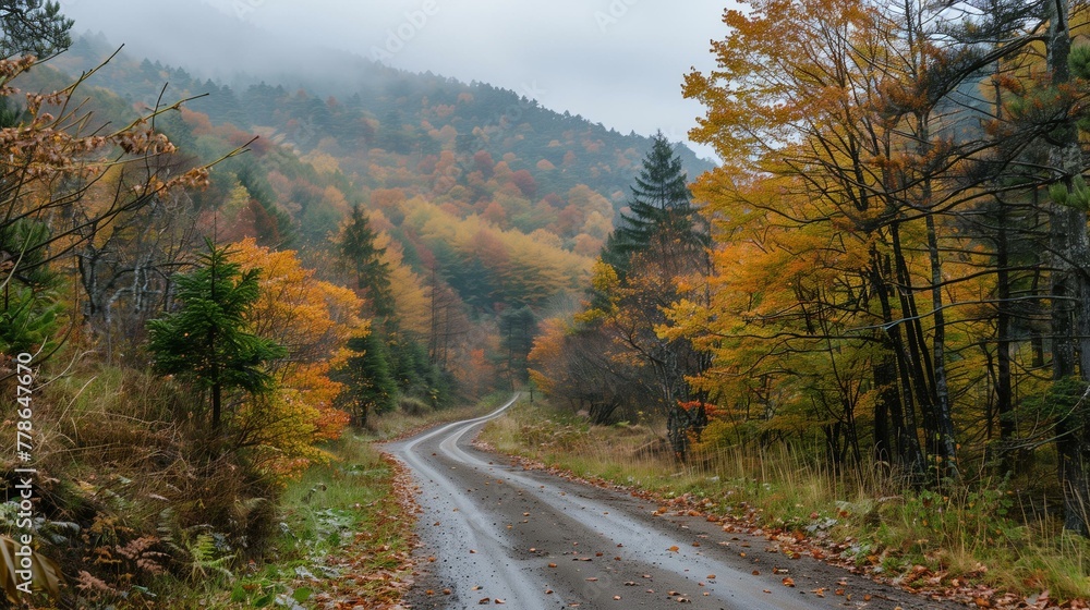 Scenic Autumn Road in Misty Forest with Vibrant Fall Colors