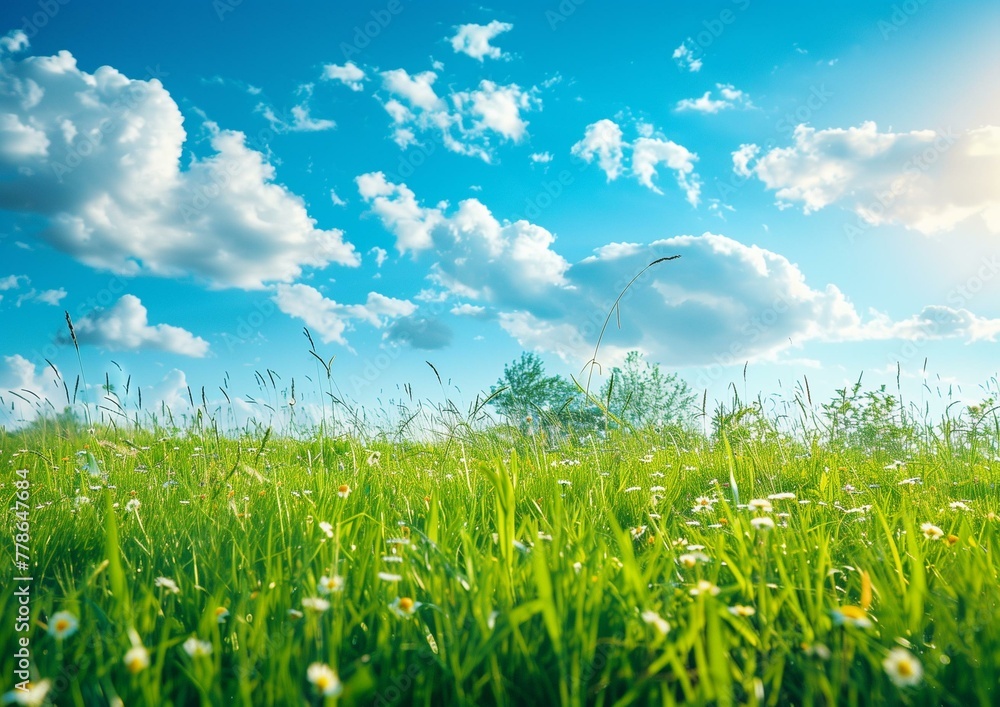 Obraz premium Serene Summer Meadow with Fresh Green Grass and Wildflowers Under a Blue Sky