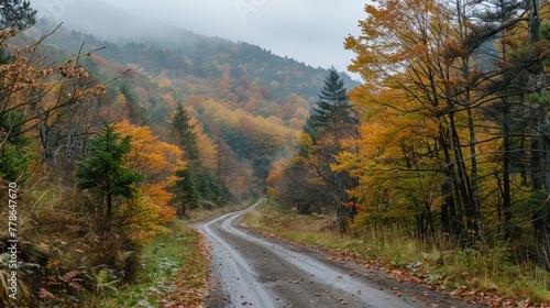 Scenic Autumn Road in Misty Forest with Vibrant Fall Colors