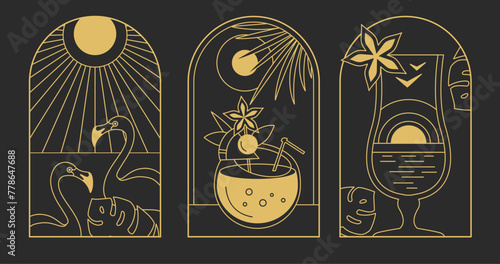 Set of modern line art summer icons with pina colada cocktail, flamingo and sun. Set of summer posters. Vector illustration