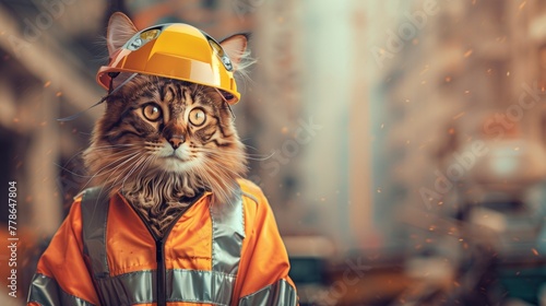 Capturing the essence of World Safety Day, this image features a majestic cat equipped with a reflective safety jacket and a protective yellow helmet, poised against a delicately blurred construction 