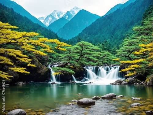 A small waterfall in the middle of a lush green forest with mountains in the background.