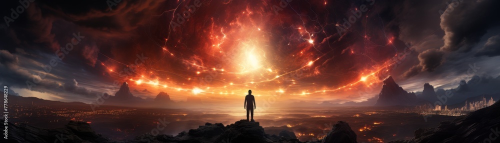 Single person facing an explosive cosmic event. Single person facing an explosive cosmic event.