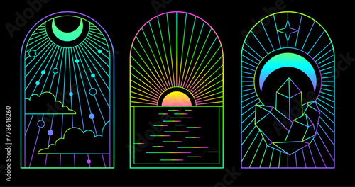 Set of modern flourescent magic witchcraft cards with sun and moon. Line art occult vector illustration