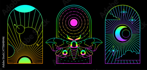 Set of modern fluorescent magic witchcraft cards with sun, moon and butterfly. Line art occult vector illustration