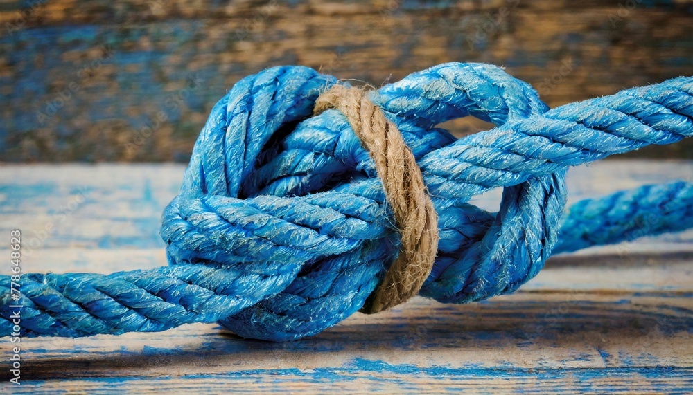 Strength in Simplicity: Close-Up of Knot on Blue Rope Against Wooden Background