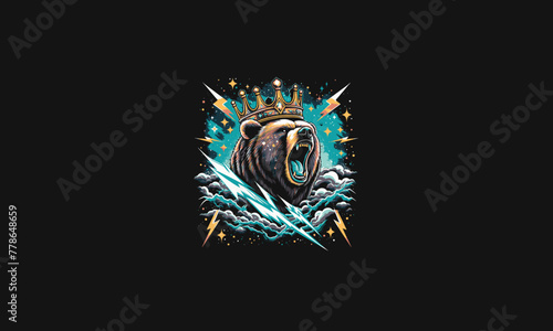 bear roar wearing crown with lightning vector artwork design