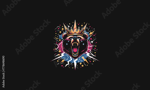 bear roar wearing crown with lightning vector artwork design
