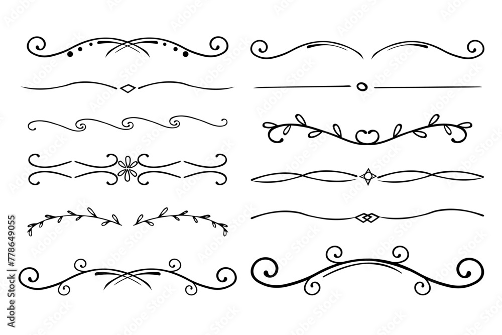 Elegant divider thin line swirl doodle ethnic border separator collection isolated on white background. Florish arnament, embelish. Elegant divider thin line swirl doodle ethnic border separator collection isolated on white background. Florish arnament, embelish.