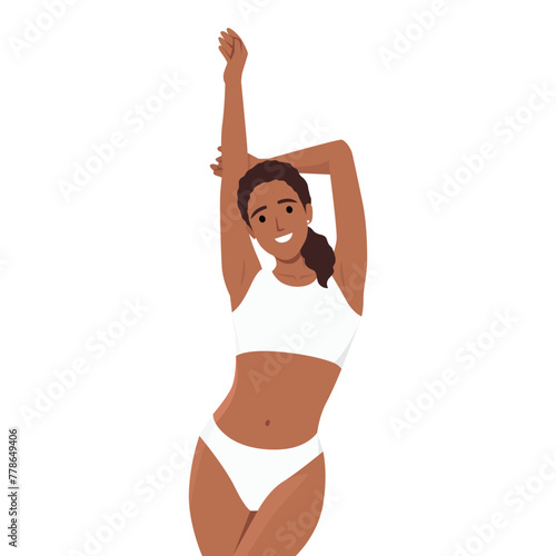 Fit young woman standing with hands raised up, showing her ideal curves, posing in white lingerie. Flat vector illustration isolated on white background