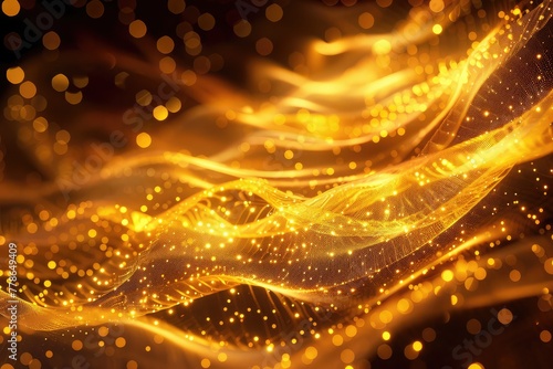 Abstract gold particles wave background. Futuristic technology style. Elegant background for business technology presentations    golden glowing particles with   bokeh effect on dark  background