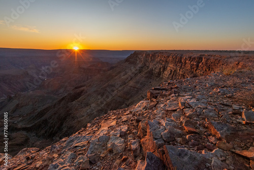 Wide angle landscape shot of the fish river canyon in Southern Namibia  around sunset.