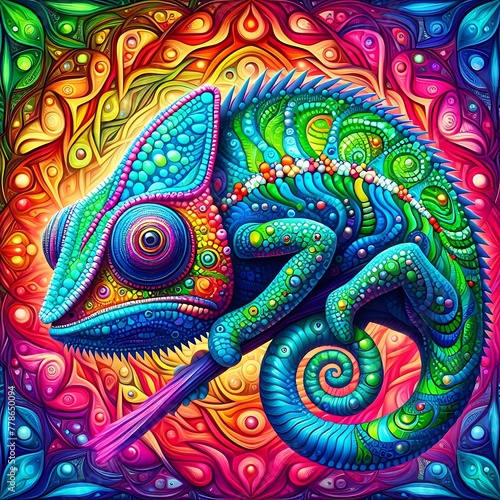 Colourful Chameleon at kaleidoscope pattern background , Chameleon Closeup , Sitting ,nature ,reptile ,lizard ,dragon , animal ,green , branch ,illustration .
