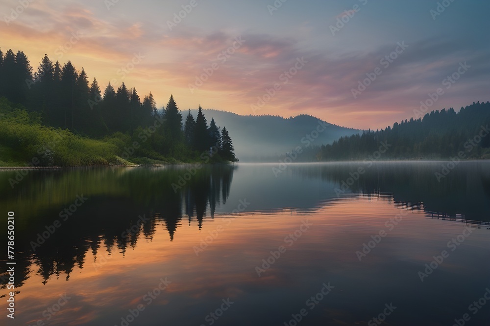 Misty morning scene of Lacu Rosu lake. Foggy summer sunrise in Harghita County, Romania, Europe. Beauty of nature concept background Generative AI