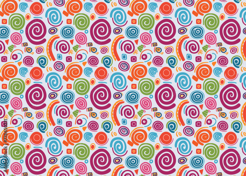 Seamless pattern with colorful spirals. Hand drawn swirls vector background.