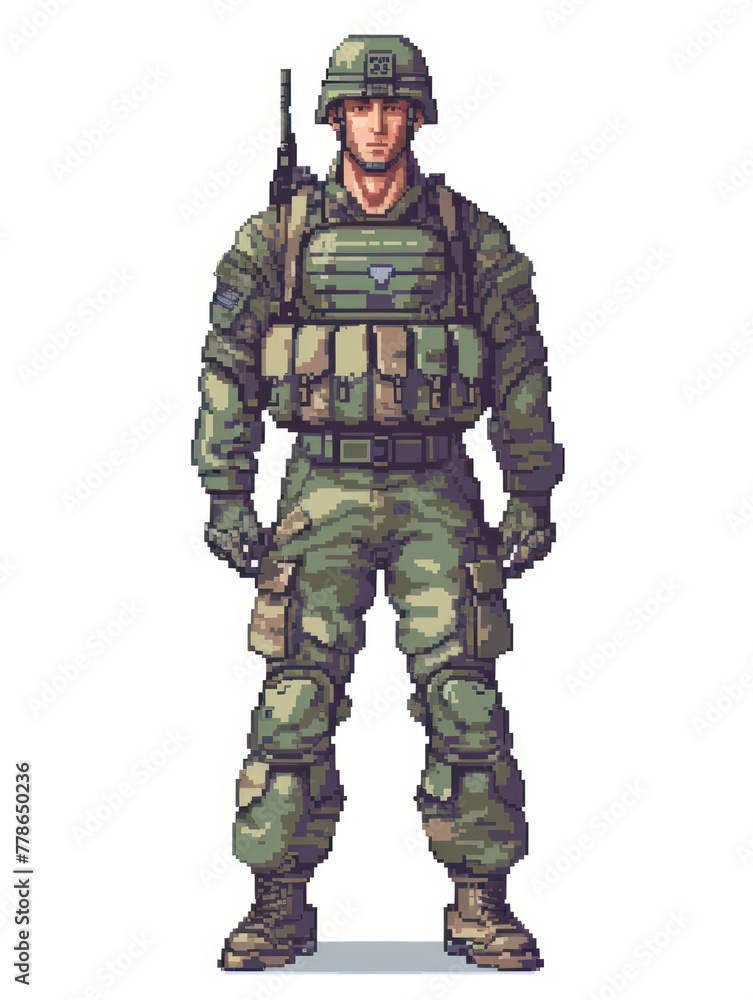A detailed pixel art representation of a soldier standing upright, equipped with military gear, helmet, and a rifle slung over the shoulder A detailed pixel art representation of a soldier standing upright, equipped with military gear, helmet, and a rifle slung over the shoulder
