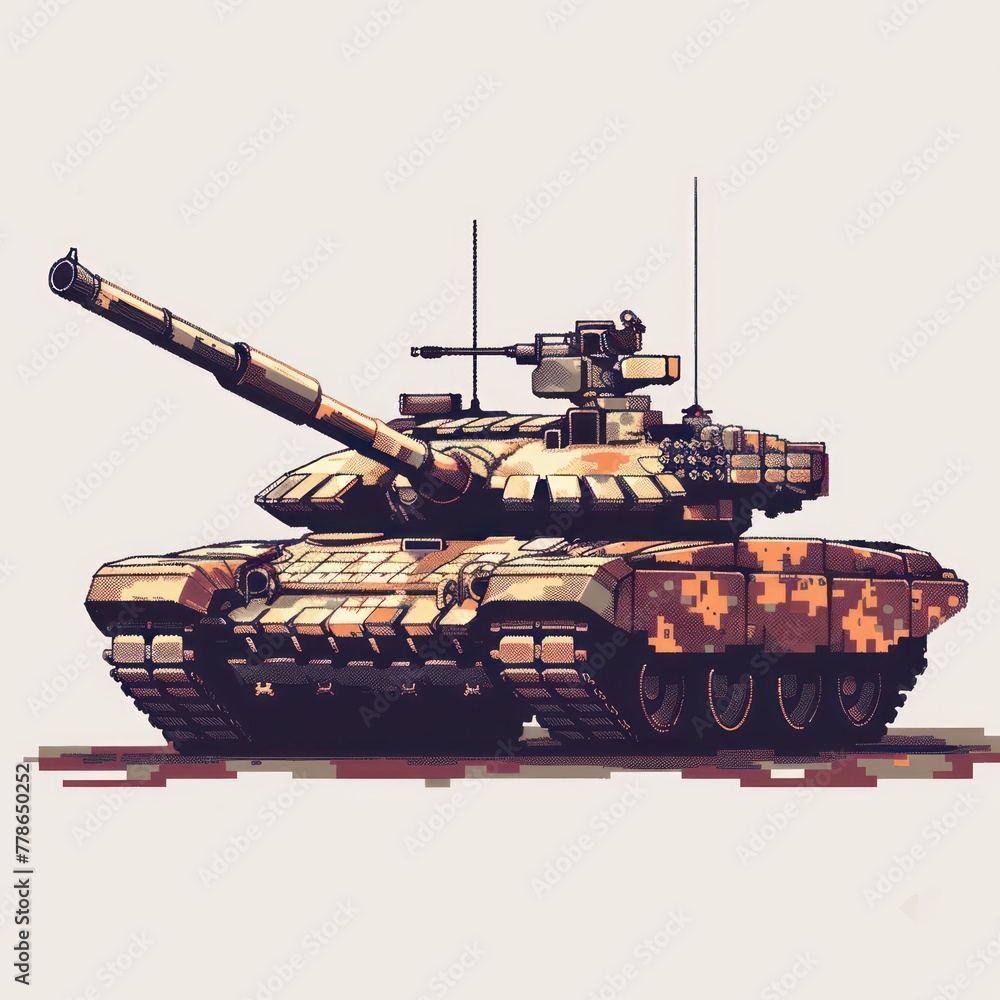 Vivid pixel art creation depicts a detailed and stylized military tank, showcasing digital artistry and gaming aesthetics Vivid pixel art creation depicts a detailed and stylized military tank, showcasing digital artistry and gaming aesthetics
