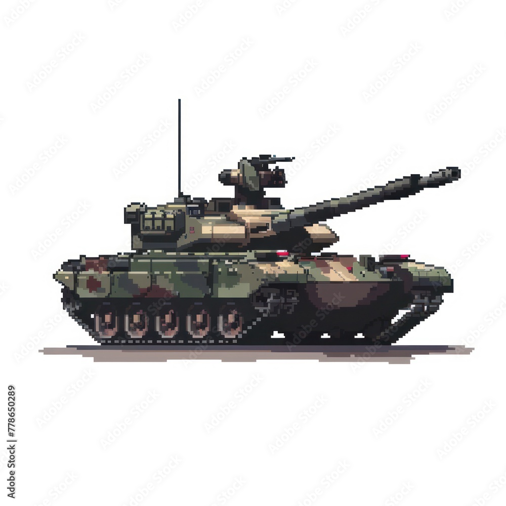 Detailed pixel art illustration of a military tank equipped with a large cannon and camouflage, evoking themes of war and defense in a digital medium