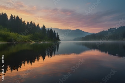 Misty morning scene of Lacu Rosu lake. Foggy summer sunrise in Harghita County, Romania, Europe. Beauty of nature concept background Generative AI photo