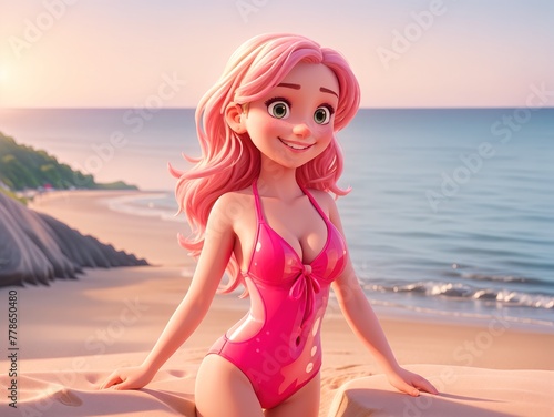 A girl in a pink swimsuit standing on the beach at sunset.