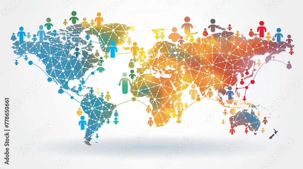 Fototapeta premium Colorful People Icons on World Map - Social Media Connection Symbols.