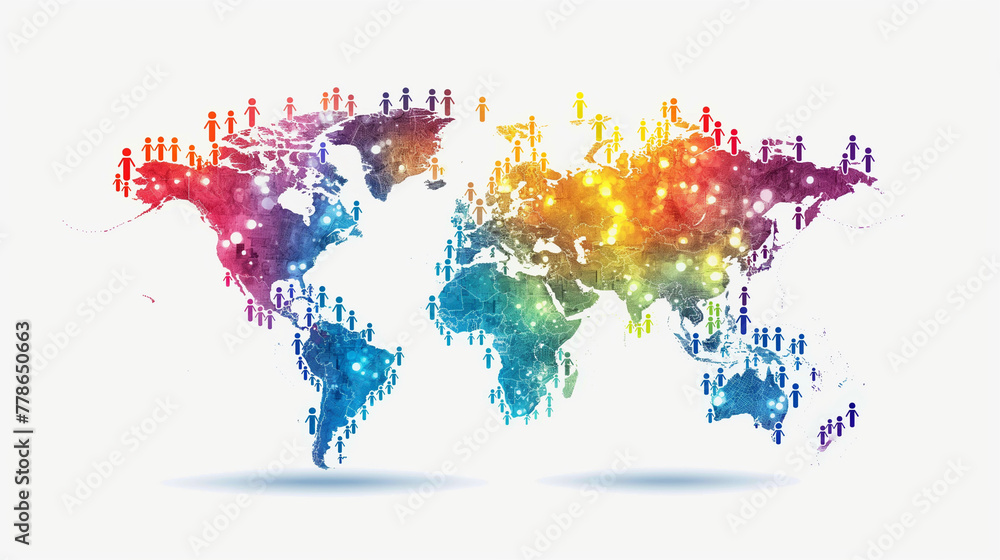 Fototapeta premium Colorful People Icons on World Map - Social Media Connection Symbols.