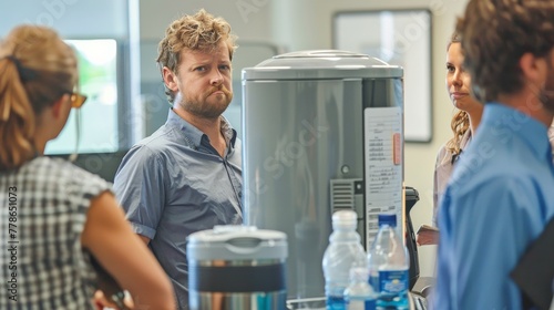 Employees around a water cooler, one person looking particularly drained, indicating the toll of a long day. photo