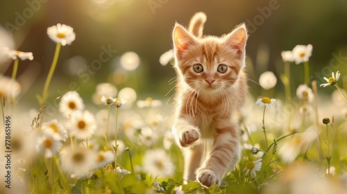 A cute orange kitten runs towards a field of daisies