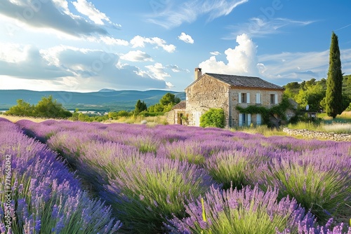 Lavender field,. A picturesque Provence lavender field in full bloom with a traditional farmhouse. AI generated