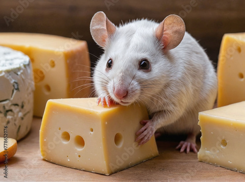 Une souris blanche gourmande et affamée se réserve un gros morceau de fromage, gruyère, emmental. © Laurent Droz