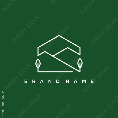 line art house mountain and leaf logo vector