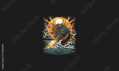 dragon on sea and lightning vector artwork design