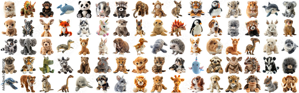 Obraz premium Big set of cute fluffy animal dolls for nursery and children toys, many animal plush dolls photo collection set, isolated background AIG44