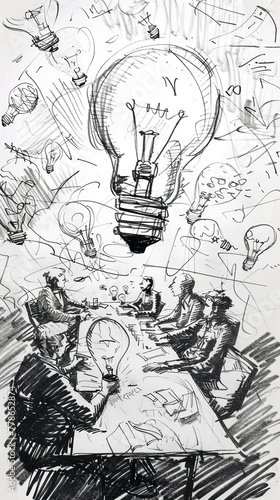 Brainstorming doodle  group clustered at a messy table  ideas as light bulbs  dynamic angle