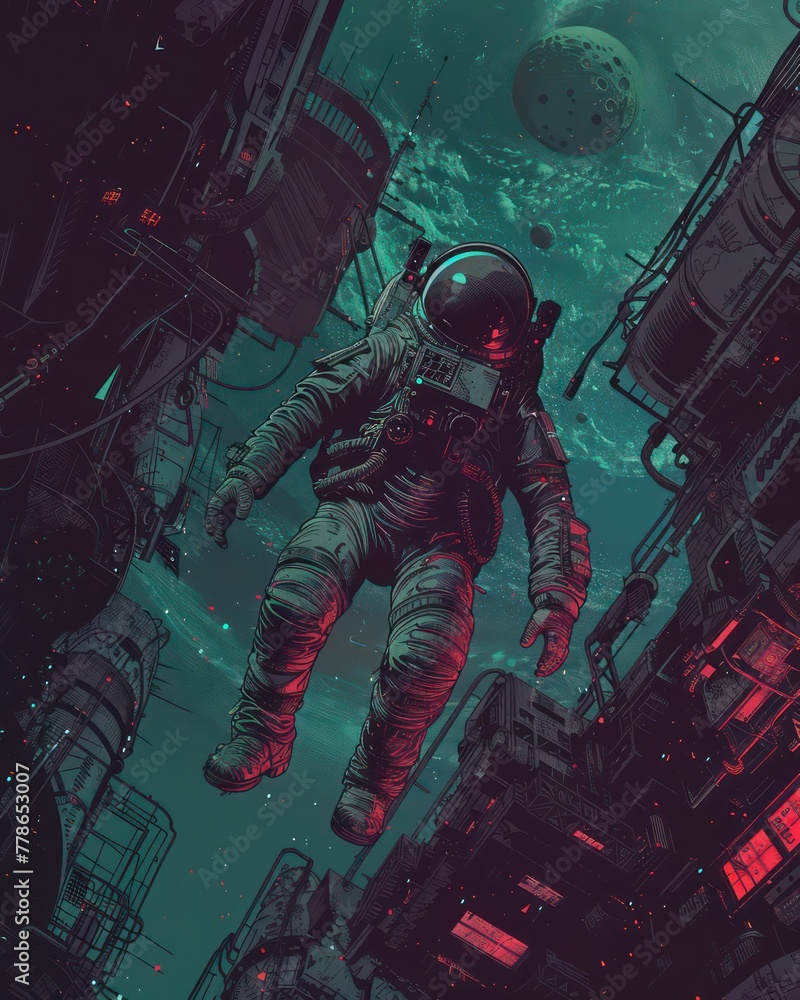 Fototapeta premium An astronaut drifts amidst futuristic, neon-lit skyscrapers with a vivid moon in the backdrop, evoking a cyberpunk ambiance