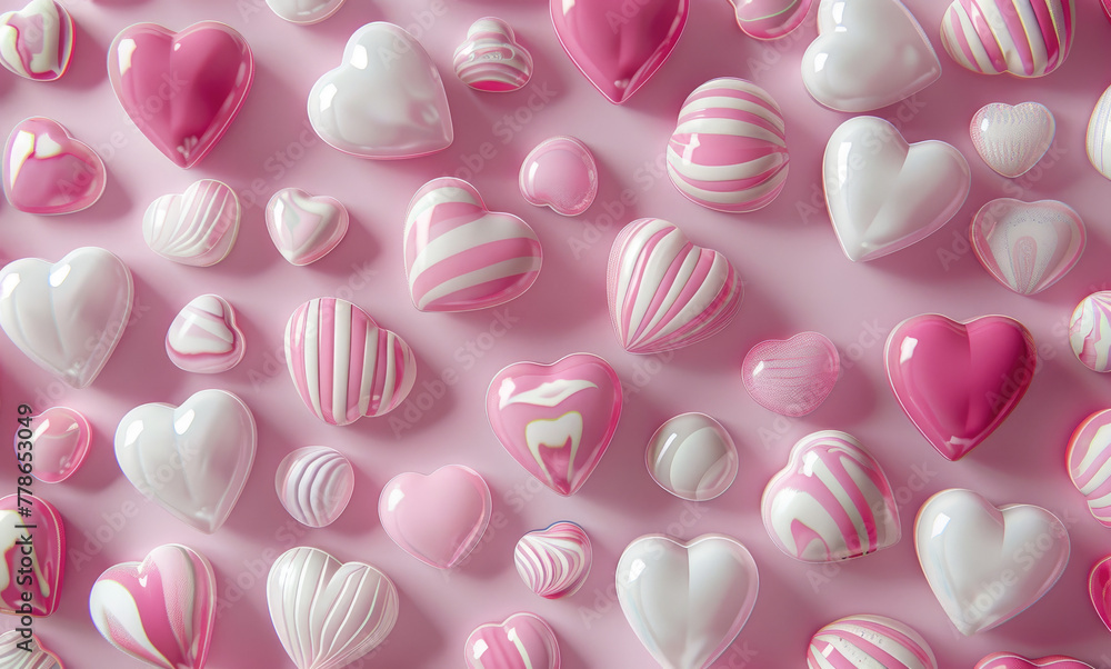 3d rendering of pink and white striped heart shaped candy background. Valentine's Day pattern with lots of hearts in different sizes, pastel colors