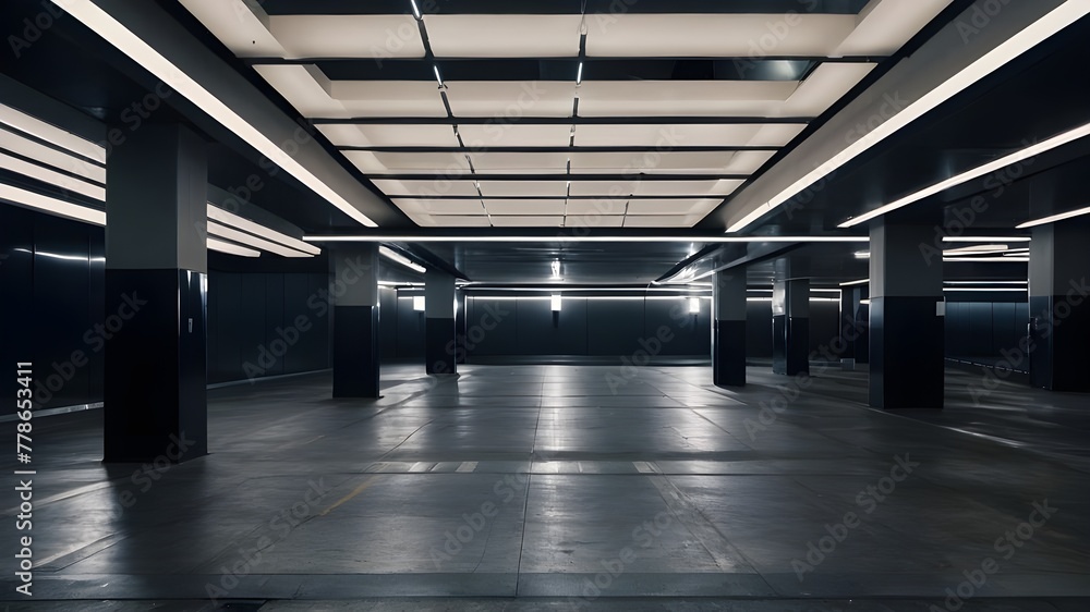 the underground parking lot's interior, Luxurious interior design features, modern led strip ceiling, and modern contemporary accents. AI generative.