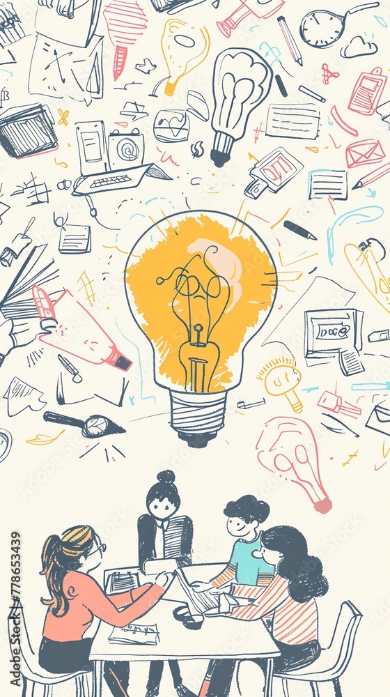 Lively team brainstorm doodle, messy table with light bulb shaped ideas, frontal, whimsical