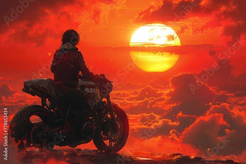 A silhouetted motorcyclist sits on their bike, looking at a majestic sunset amidst fiery clouds photo