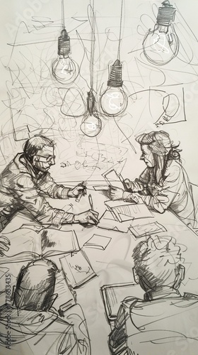 Sketch of collaborative brainstorming  cluttered table  ideas as light bulbs  eye-level view
