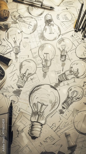Sketch of collaborative brainstorming, cluttered table, ideas as light bulbs, eye-level view