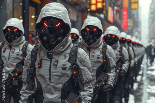 A squad of futuristic troopers with advanced armor suits march through a neon-lit metropolis, suggesting a sci-fi military patrol photo