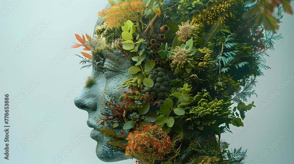 Eco surrealism sculpture of a human head flourishing with diverse flora ...