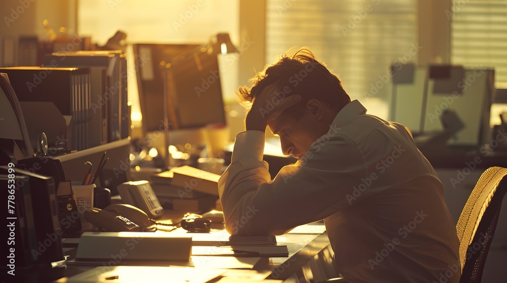 Overwhelmed office worker at sunset, head in hands amidst a cluttered desk, embodying stress and exhaustion at day's end Overwhelmed office worker at sunset, head in hands amidst a cluttered desk, embodying stress and exhaustion at day's end