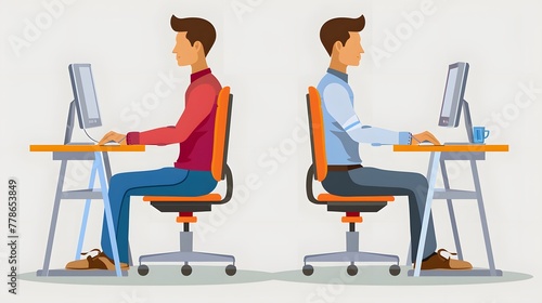 Instructional graphic illustrating proper and improper neck alignment for seated office work, promoting ergonomic posture