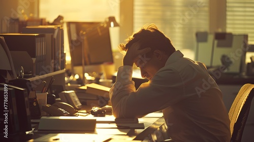 Overwhelmed office worker at sunset, head in hands amidst a cluttered desk, embodying stress and exhaustion at day's end